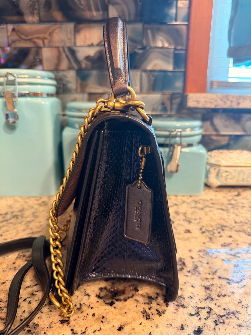 Coach Black Leather Parker Top Butterfly Turnlock Crossbody Bag with Gold Chain - Picture 4 of 11